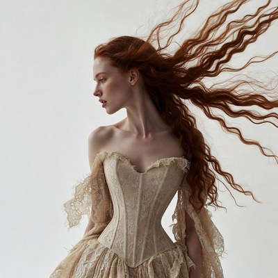 Woman with flowing red hair in lace dress