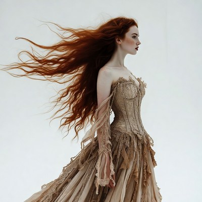 Redhead woman in flowing lace gown