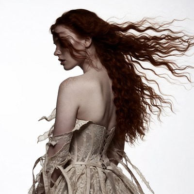 Woman with flowing red hair in lace gown