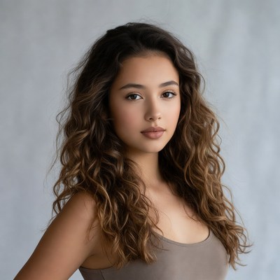 Young woman with curly brown hair