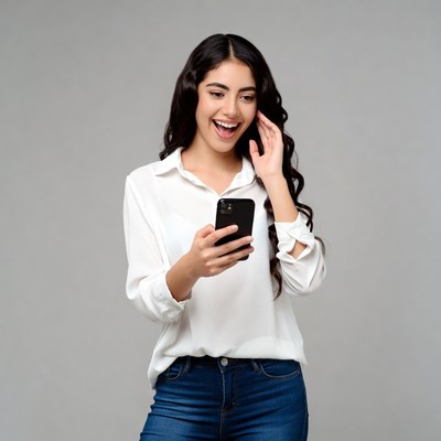 Latina woman laughing at smartphone
