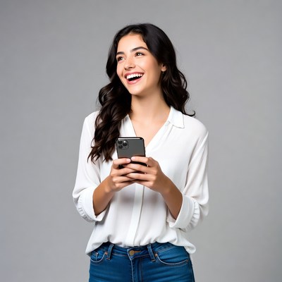 Latina woman smiling at phone