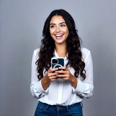 Smiling woman using smartphone
