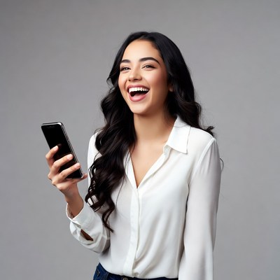 Young woman laughing at smartphone