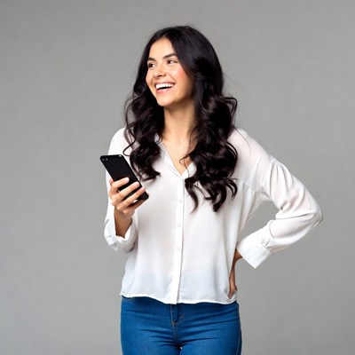 Smiling woman holding smartphone