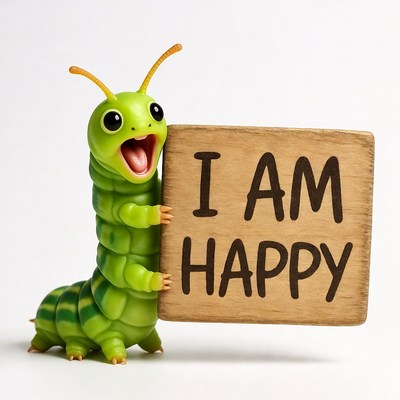 Cute caterpillar holding 'I AM HAPPY' sign