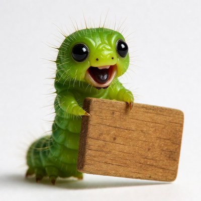 Cute green caterpillar holding blank sign