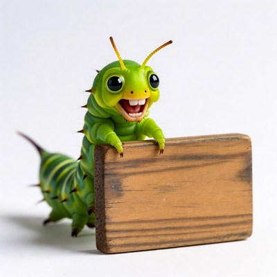 Cute green caterpillar holding sign