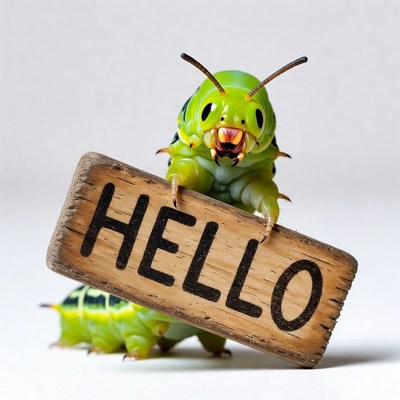 Caterpillar holding Hello sign