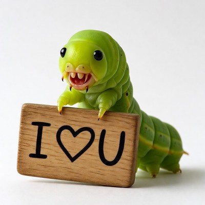 Cute green caterpillar holding I love you sign