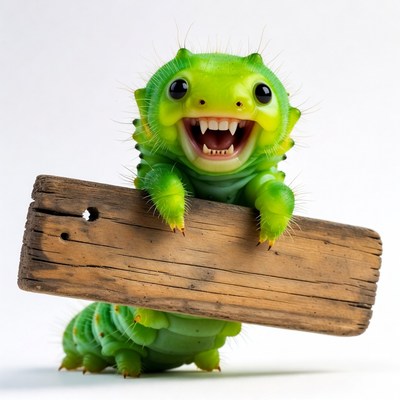Cute green caterpillar holding wooden sign