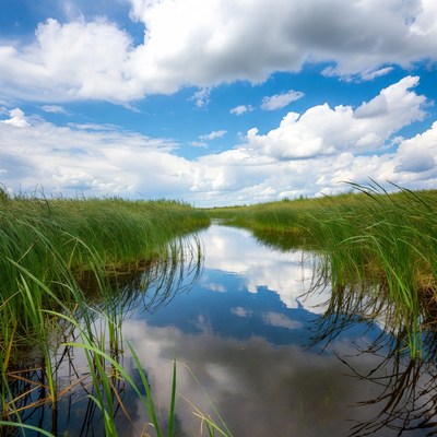 Reed-lined Stream Reflecting Blue Sky