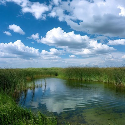 Reed-lined Pond Under Blue Sky