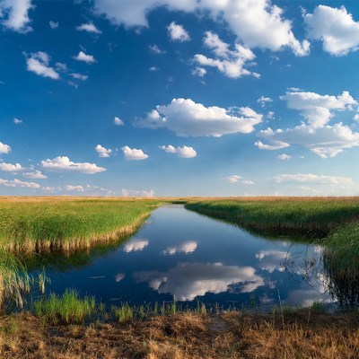 River in lush green grass field