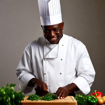 African-American chef chopping vegetables