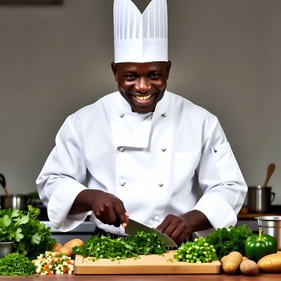 African chef chopping vegetables