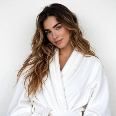 Woman in white bathrobe smiling