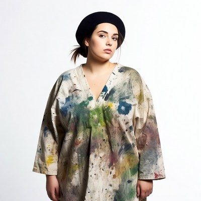 Woman in paint-splattered dress and beret