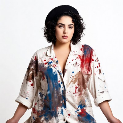 Woman in paint-splattered jacket and beret