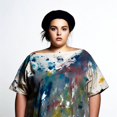 Plus-size woman in paint-splattered dress