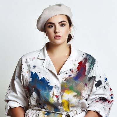 Curvy woman in paint-splattered jacket and beret