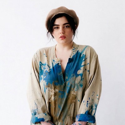 Woman in beige beret and tie-dye shirt
