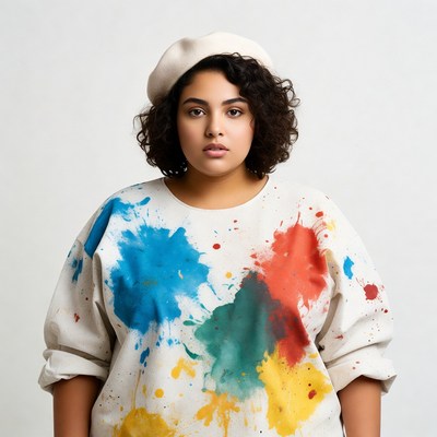 Curly-haired woman in paint-splattered sweater