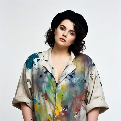 Curvy woman in colorful paint-splattered shirt