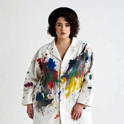 Curly-haired woman in paint-splattered lab coat