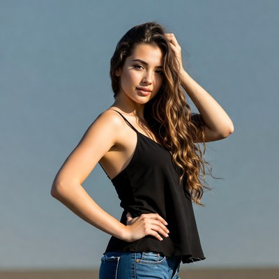 Young woman hand on head outdoors