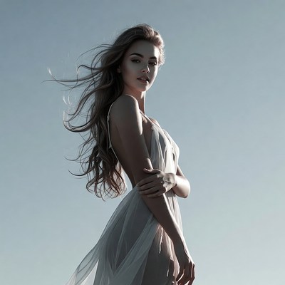 Woman in flowing white dress with wind-blown hair