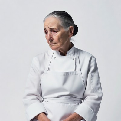 Elderly woman chef thoughtful expression