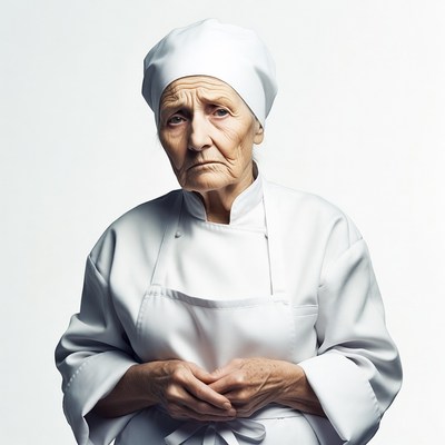 Elderly woman in white chef uniform