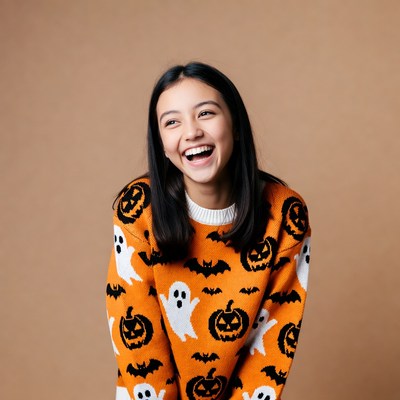 Asian girl smiling in Halloween sweater