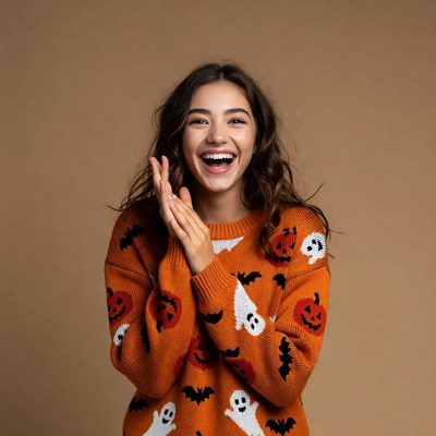 Smiling woman in Halloween sweater