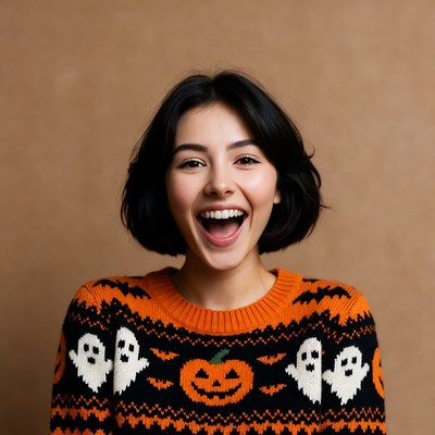 Asian woman smiling in Halloween ghost sweater