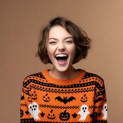 Woman laughing in Halloween sweater