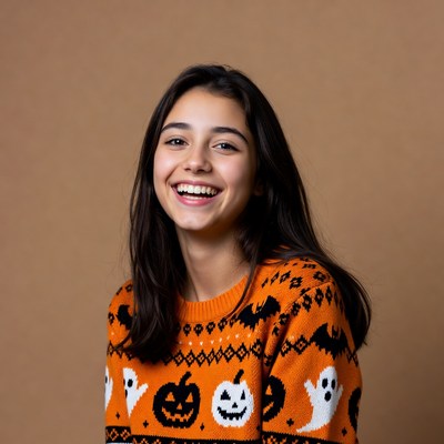 Girl smiling in Halloween sweater