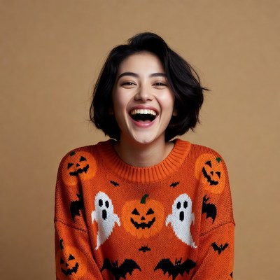 Asian woman laughing in Halloween sweater