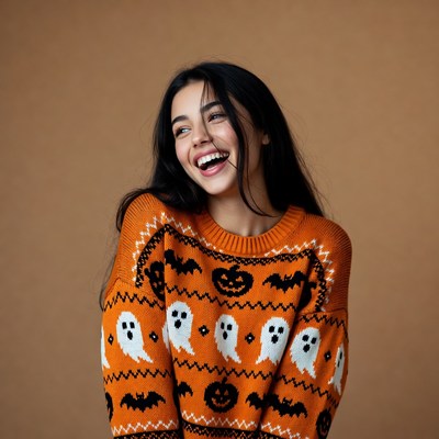 Woman smiling in Halloween sweater
