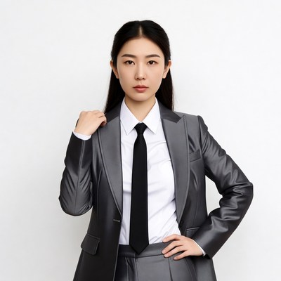 Asian woman in gray suit and tie