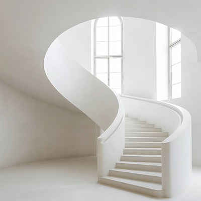 White Spiral Staircase with Arched Windows
