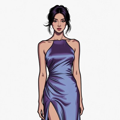 Asian woman in purple slit dress