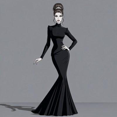 Elegant Woman in Black Gown Illustration