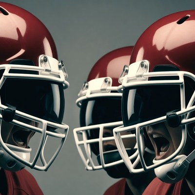 Three Football Players Yelling in Helmets