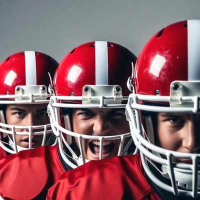 Three Asian football players in red helmets