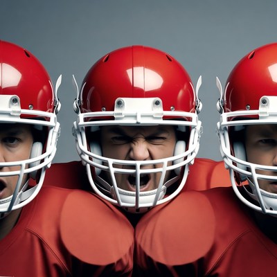 Three Angry Football Players in Helmets