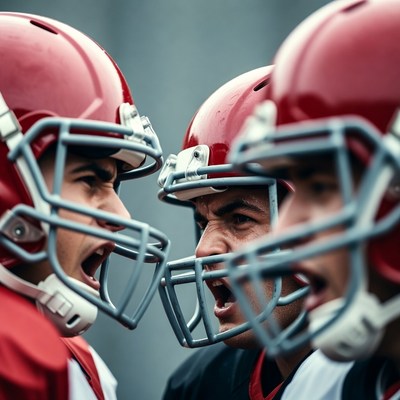 Three football players shouting in huddle