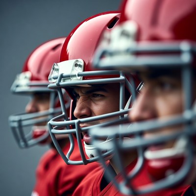 Close-up of football players in red helmets