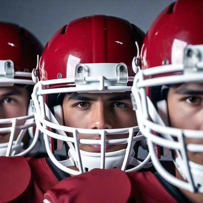 Three Football Players in Red Helmets